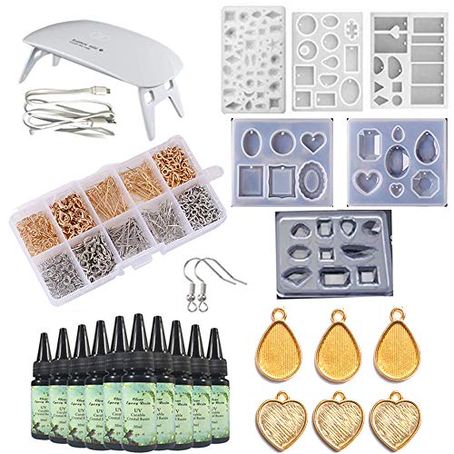 10 piezas de resina epoxi de cristal de 30 ml + 6 moldes con varias formas, 6 bisel + juego de herramientas + 100 ganchos para pendientes + lámpara para hacer joyas