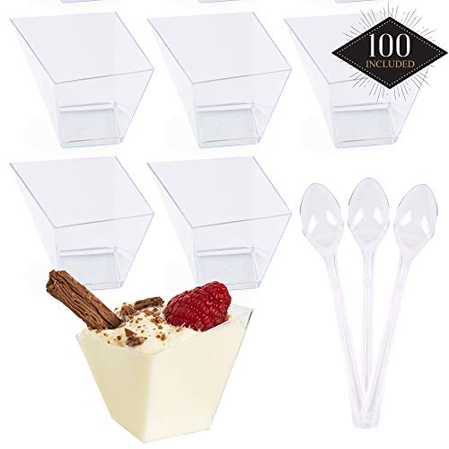 100 Copas de Postre de Plástico Transparente con 100 Cucharas, 70ml - Vasos de Postre, Cuencos de Postre - Resistente y Reutilizable.