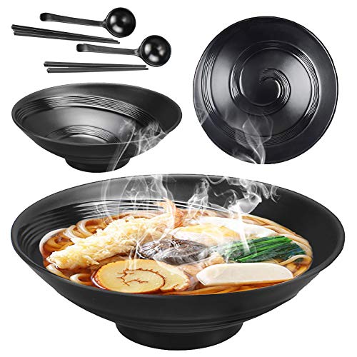 2 Juegos Ramen Japonés Cuencos, 9Inch/1450ml Tazón de Cereal, Fideos Tazón Melamina Plástico Duro Juego de Vajilla, Con Palillos y Cucharas Para Fideos, Tazón para Fideos, Ensalada