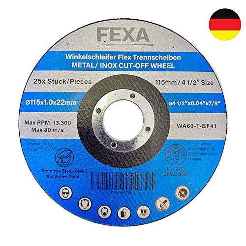 25x Premium Discos de corte - 115x1.0mm - Juego de discos flexibles INOX para metal, acero y acero inoxidable - Discos abrasivos Fexa de alto rendimiento