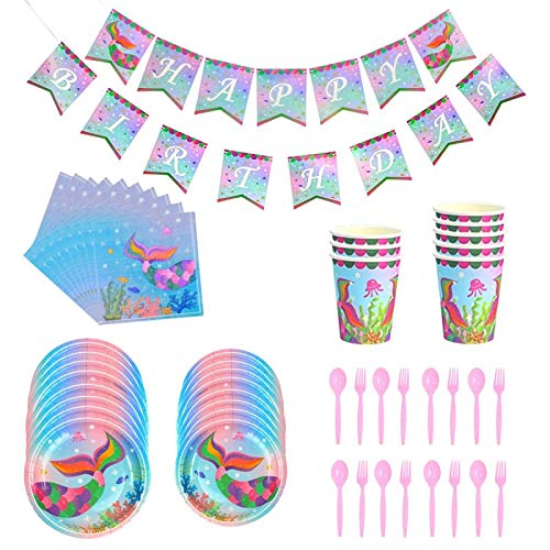 51 Piezas Vajilla Sirena Fiesta, Kit de Vajilla Mermaid Party Mermaid Party Vajilla Conjunto Suministros Fiesta de Sirena Utensilios Fiesta de Cumpleaños Infantil Juego de Vajilla