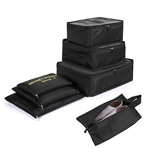 7 Set de Organizador de Equipaje, Impermeable Organizador de Maleta Bolsa para Ropa Sucia de Viaje, Material Nylon（2Black）