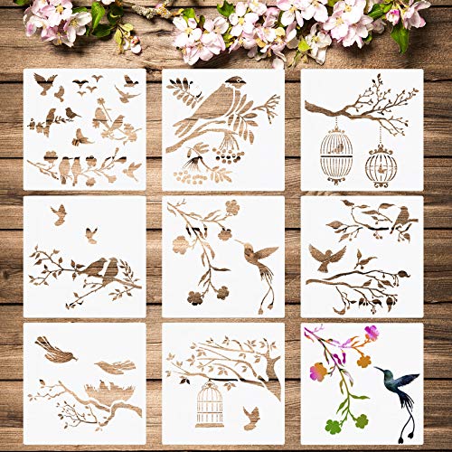 8 Plantillas de Pájaros Plantilla de Aves Ramas de Árboles Plantillas de Pintura de Aves Voladoras Plantilla Reutilizable de Dibujo de Hoja Flor Pájaro para Pintura Artesanía Pared DIY