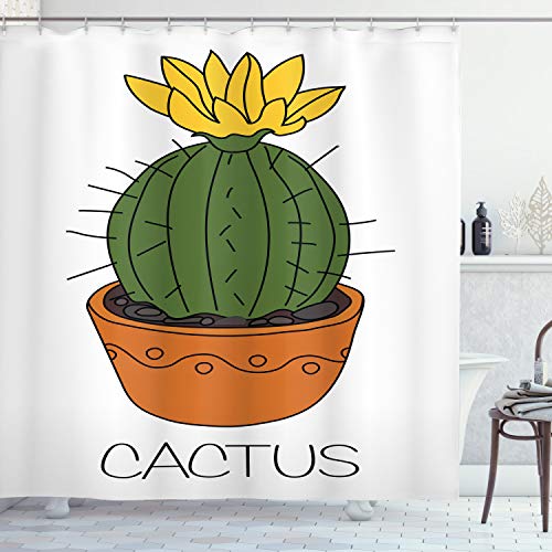 ABAKUHAUS Cactus Cortina de Baño, Planta con la Flor Amarilla, Material Resistente al Agua Durable Estampa Digital, 175 x 200 cm, Naranja Verde Amarillo