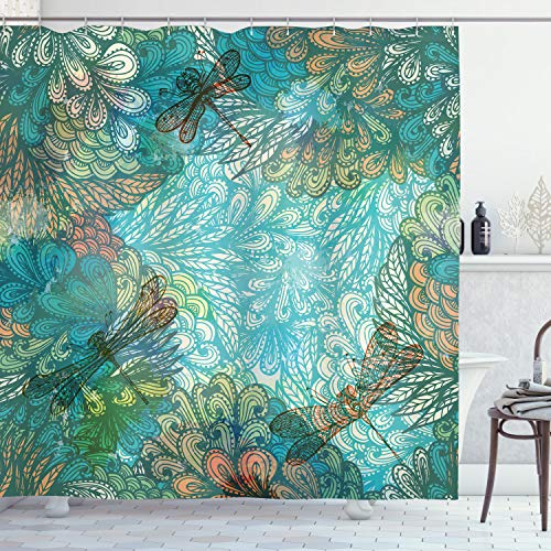 ABAKUHAUS Libélula Cortina de Baño, Fantasía Flores Mezcla, Material Resistente al Agua Durable Estampa Digital, 175 x 200 cm, Turquesa ámbar