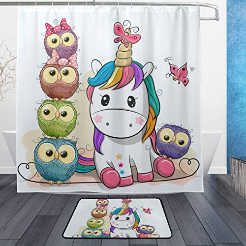 AdaCrazy Lindo Dibujo Animado Unicornio Búhos Rama Fondo Patrón Cortina Ducha Conjunto 3D Impresión Tela poliéster revestida Prueba Agua Baño con 12 Ganchos 71 Pulgadas Alfombra baño 60x40cm