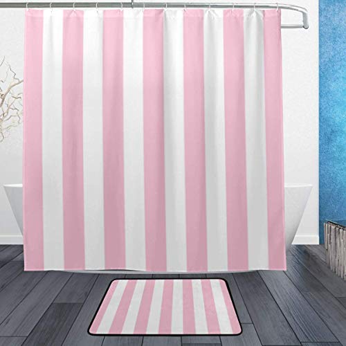 AdaCrazy Patrón Fondo Rayas Color Rosa Conjunto Cortina Ducha Impresión 3D Tejido poliéster Revestido Impermeable Baño con 12 Ganchos 71 Pulgadas Alfombras baño Alfombra baño 60x40cm