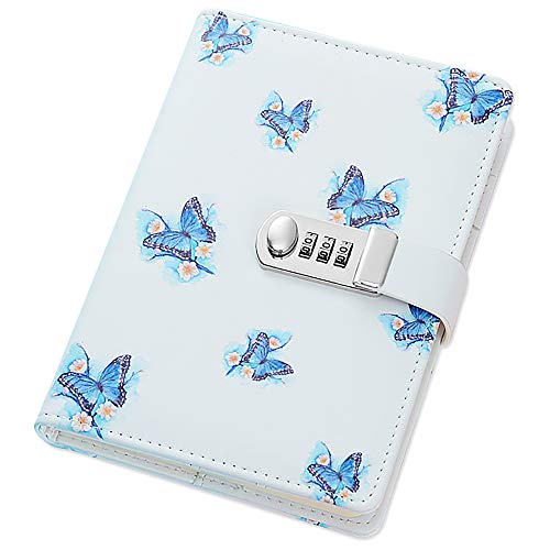 Agenda secreta de piel sintética A5, con cierre de combinación para contraseñas, con ranuras para tarjetas y soporte para bolígrafos, color Mariposa azul.