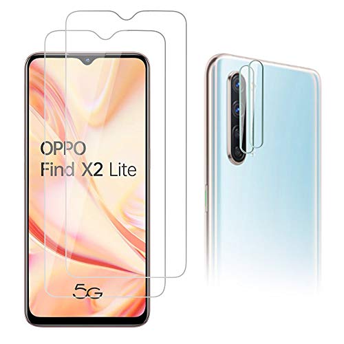 AiMok Cristal Templado Protector de Pantalla Compatible con Oppo Find X2 Lite, 2 Piezas Cristal Templado Protector + 2 Piezas Cristal Templado Protector Cámara 【9H Dureza】【Anti Arañazos】