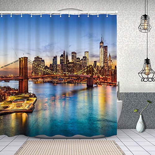 Airmark Cortina Baño,Horizonte de la Ciudad de Nueva York sobre el East River Puente de Brooklyn,Cortina de Ducha Tela de Poliéster Resistente Al Agua Cortinas de Ducha Baño con 12 Ganchos,150x180cm