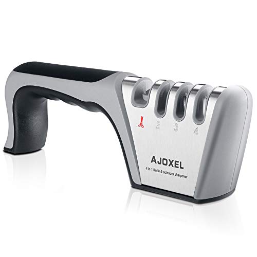 AJOXEL Afilador de Cuchillos Profesional, 4 en 1 Manual Cocina Afilador Cuchillos, Knife Sharpener Afiladores Manuales para Cuchillos de Todo tamaño del hogar, Diseño Antideslizante