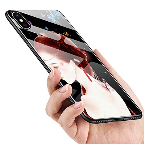 Alsoar Funda Compatible para iPhone X Cubiertas Suave Fina Silicona Borde de TPU Bumper + Vidrio Templado Trasera Moda Patrón Flor Case Anti-Arañazos Protectora Carcasas Caso Cover （6）