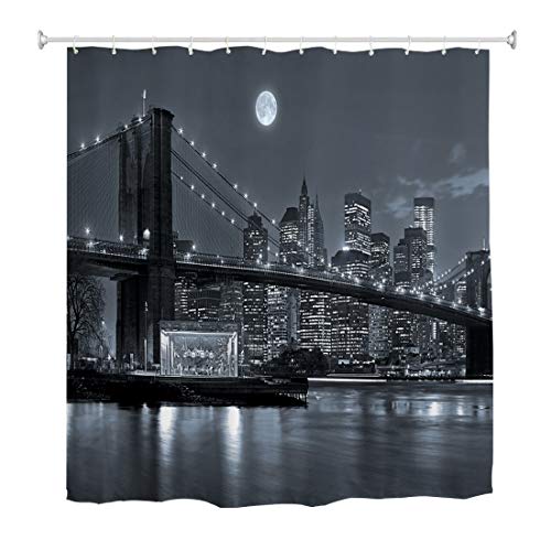 A.Monamour Cortina de Ducha Antimoho Impermeable Lavable Tela Puente De Brooklyn De La Ciudad De Nueva York Manhattan Skyline En La Noche Monocromo Poliéster Cortinas de Baño con Ganchos 180x200cm