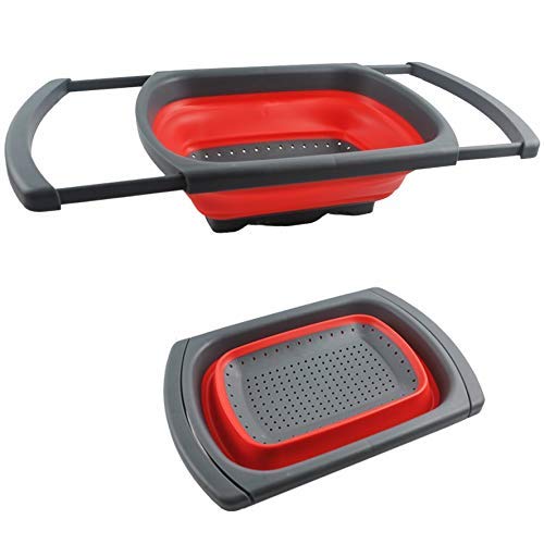 ANPI Escurridor Extensible, Colador de Cocina de Silicona Plegable Cesta de Comida Vegetal Fruta Sobre el Lavabo con Asas Estirables, Rojo&Gris