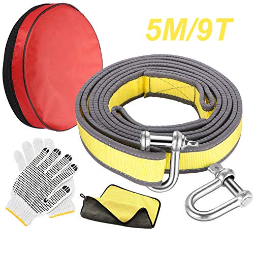 Aokyom Cuerda de Remolque,5M/9T Remolque de Cuerda,Cable de remolque de emergencia con tira reflectante para Remolque Resistente,con 2 grilletes y paño de limpieza y Guantes Antideslizantes para Coche