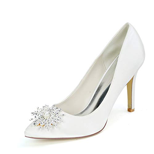 AQTEC Zapatos de Boda para Mujer Satinado Puntiagudos de Aguja Tacones Altos Diamante de imitación de Novia Dama de Honor Zapatos de Salon,Blanco,36 EU