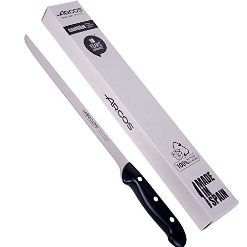 Arcos jamonero Profesional | Cuchillo jamonero jamonero Inoxidable Nitrum | Mango Negro | Cuchillo Jamon iberico | Serie Maitre| Hoja Flexible y Filo Liso | 275 mm | Acero Inoxidable