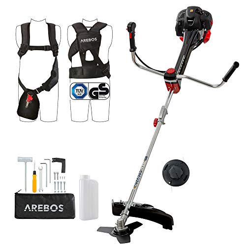 Arebos Premium - Cortabordes de gasolina 2 en 1, desbrozadora 3PS, 52 ccm, con chaleco profesional, sistema antivibración y asas ergonómicas