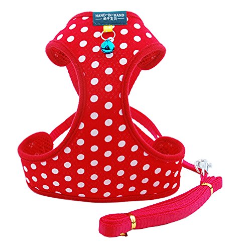 B-JOY Arnés de 2 piezas ajustable con correa, conjunto de chaqueta de tela con puntos, excelente para perros pequeños, cachorros, etc., 4 tallas rojo S