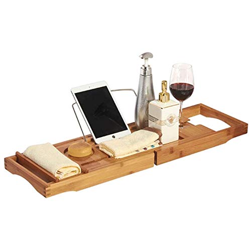 Bandeja de Bambú para Bañera Carrito Extensible para Bañera con Rejilla de Lectura o Soporte para Tableta Bandeja de Baño Premium Tabla de Baño con Soporte para Copa Dde Vino Integrado