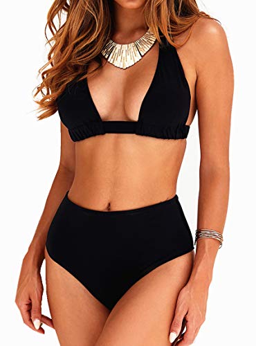 Bikini de Mujer Conjunto de 2 Piezas de Cuello Halter Traje de Baño de Estampado Floral de Cintura Alta para el Verano