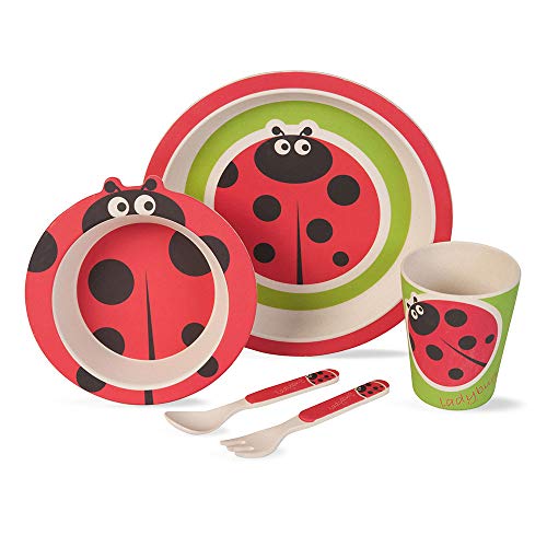 BIOZOYG Set vajilla Infantil de bambú sin bpa 5 Piezas I Motivo Mariquita I Servicio de Mesa cubertería para niños Tazón Vaso de Beber Plato para niños I Reciclaje de Material Natural