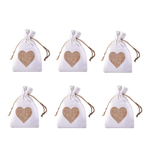 Bolsa de yute Almacenamiento de Regalo de Caramelo, 20 Piezas Bolsa de Naturaleza, Bolsa de Algodón de lino, Bolsa de Tela Con Cordón para Bodas, Joyería, Fiesta,Bautizo , Navidad(Corazón marrón)