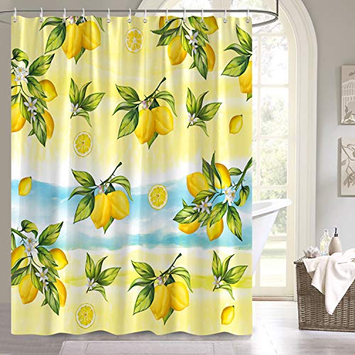 Bonhause Cortina de Ducha Limón Amarillo Fruta con Hojas Verdes y Flor Blanca Cortina de Baño de Poliéster Impermeable Antimoho Cortina Ducha con 12 Ganchos 180 x 180 cm