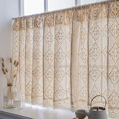 Cafe Curtains Media Cortina Crochet Cortina Corta Beige Algodón Natural Cortinas Cocina Cortas Retro Americano Cortinas Pequeñas