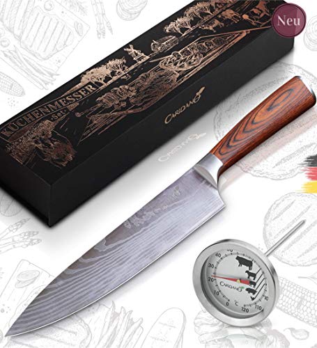 Caridano® Juego de cuchillos de carne con termómetro para asar, cuchillo de cocina con mango ergonómico de madera Pakka, de acero MOV con patrón láser de damasco