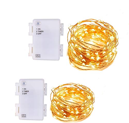 CMYK, 2 cadenas de 60 luces LED de alambre de cobre, impermeable, caja de batería con diseño de temporizador, 3000 K, luz blanca cálida, luces de ambiente para jardín, casa, decoración de Navidad