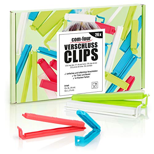 com-four® 26x Clips de Cierre XL de plástico - Clips de Cierre en Diferentes tamaños y Colores - Clip de Bolsa congeladora para Copos de maíz, nueces o café (26 Piezas - 11 cm/14 cm)