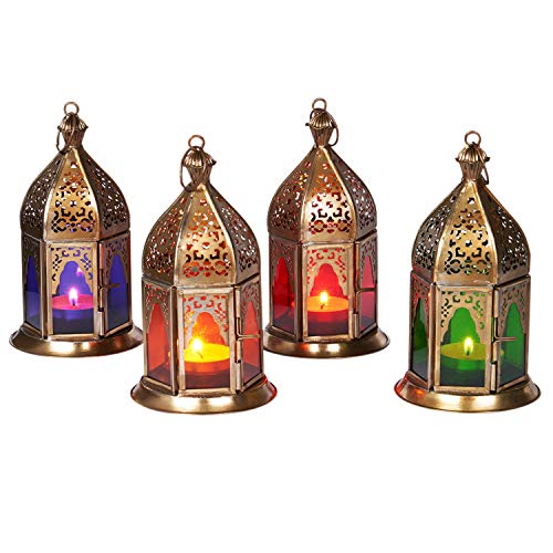 Conjunto de 4 Linterna oriental de metal y cristal Basil 16cm Rojo - Verde - Púrpura - Naranja | Luces de viento marroquí | Faro de cristal para interior | Lámpara para exterior | linterna de jardín