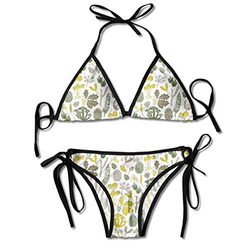 Conjunto de Bikini de Hoja de Hoja de Roble de Bellota Verde de otoño para Mujer con Cordones, Trajes de baño Ajustables de Dos Piezas, Traje de baño Sexy