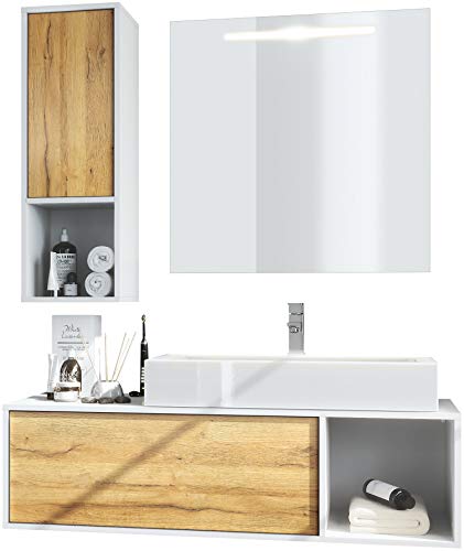 Conjunto de Muebles para baño La Costa, Cuerpo en Blanco Mate/Frentes en Roble Natural con Lavabo, grifería y Espejo LED