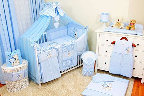 Conjunto de ropa de cama para cuna de bebé, 100% algodón, conjunto completo XXL de 10 piezas, diseño bordado de osito, incluye mosquitera azul azul Talla:120x60cm