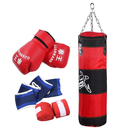 Conjunto de Saco de Boxeo, Saco de Arena para niños, Entrenamiento de Boxeo, Saco Pesado, Saco de Arena para Ejercicios, Entrenamiento, Bolsa de Poder vacía con Guantes y Protector de muñeca(80cm)