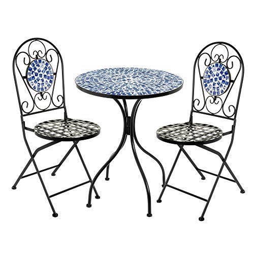 Conjunto Mesa y 2 sillas con Mosaico para Exterior Azul de Hierro y cerámica rústico - LOLAhome