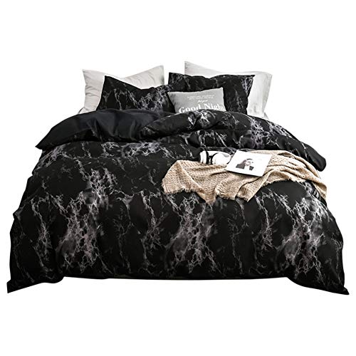 Conjuntos de ropa de cama con estampado de mármol, 1 * Funda de edredón + 2 * Funda de almohada, 3Pcs Funda de edredón de poliéster Funda de almohada Conjuntos de funda nórdica(Negro)