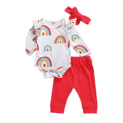 Conjuntos para Niña Invierno Bodies Manga Larga Blanco Estampado Arco Iris + Pantalones Largos Color Liso + Diadema con Lazo para Niña 0-24 Meses (Rojo, 12-18 M)