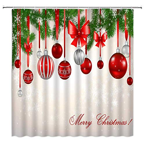 Cortina de Ducha navideña, Astilla roja, Bola navideña, Copo de Nieve, Lazo Rojo, fantasía, Invierno, Feliz Navidad, decoración navideña, Tela, Cortina de Ducha roja para baño, Cortina de baño de año