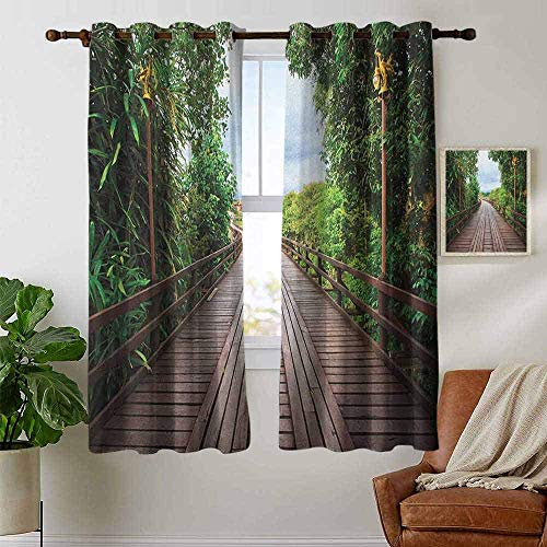 Cortinas traseras para el paisaje del dormitorio, puente de madera entre árboles exóticos Jungle Freshening Relax Road Imagen de la naturaleza, marrón verde, bolsillo con aislamiento térmico, cortina