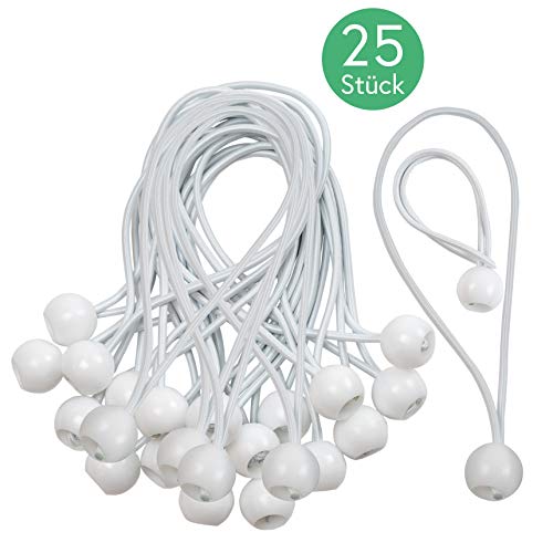 CoverUp! 25 Bolas Bungee - Cuerdas elásticas con Bola para una fijación óptima - tensores de Cuerda para Cualquier Uso - tensores Elasticos para Lonas y Tiendas (Blanco)