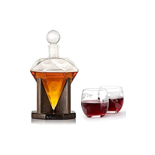 Decantador de vino de cristal hecho a mano, Diamond Whisky Decanter, conjunto de madera personalizada y vino de cristal, adecuado para brandy tequila vodka varias bebidas líquidas incluyendo 2 copas d