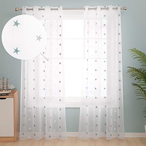 Deconovo Cortinas Visillos para Ventana Cortina Transparente con Ojales para Dormitorio y Salón 2 Piezas 140 x 290 cm Azul Verde