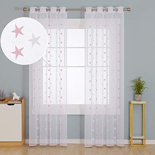 Deconovo Visillos Infantiles para Ventanas Cortina Translúsida para Dormitorio y Salón con Ojales 2 Piezas 140 x 280 cm Rosa