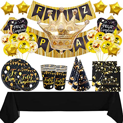 Decoración Cumpleaños Adulto Negro Oro y Vajilla Desechable de Feliz Cumpleaños Negro dorado - Conjunto de Fiesta Accesorio Plato Vaso Pancartas y Globos para Mujer Hombre - 16Invitados