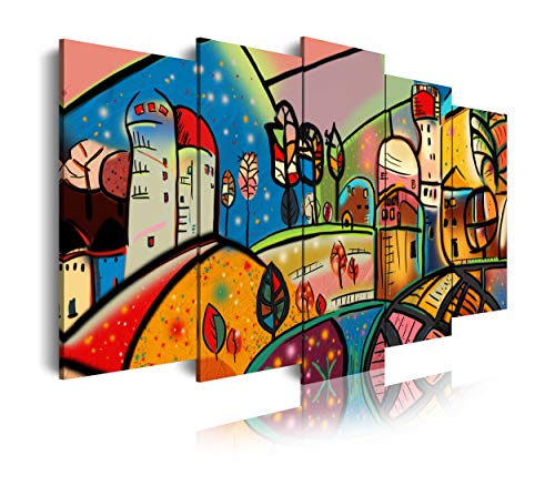 DekoArte 501 - Cuadros Modernos Impresión de Imagen Artística Digitalizada | Lienzo Decorativo para Tu Salón o Dormitorio | Estilo Abstractos Arte Moderno Naif Casas | 5 Piezas 150 x 80 cm