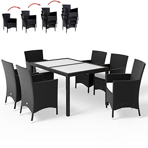 Deuba Conjunto de sillas y Mesa de poliratán Negro 6+1 sillas apilables Cojines de 7cm de Grosor Set de jardín terraza