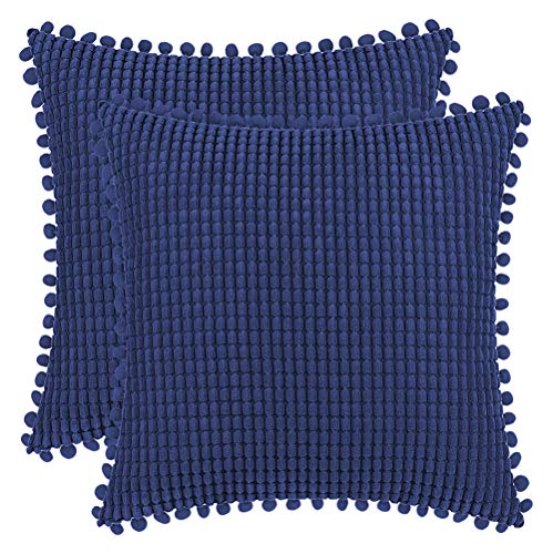 DEZENE 45x45cm Fundas de Almohada Decorativas con Pompones - Azul Marino Cuadrado Paquete de 2 Fundas de Cojín de Granos de Maíz Grande a Rayas de Pana para Sofá de Granja